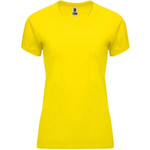 A yellow women's T-shirt featuring a branding logo, with a classic crew neckline and short sleeves.