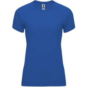 A blue women's t-shirt with short sleeves, featuring a branding logo on the tag.