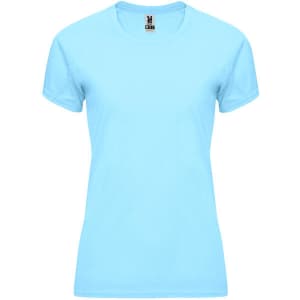 A light blue women's T-shirt with a fitted style and a round neckline; features a logo at the label.