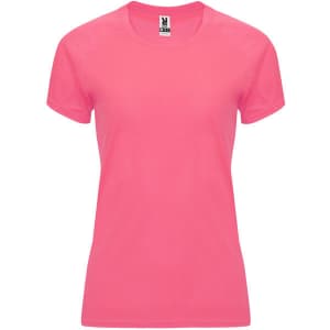 A pink women's t-shirt with a classic crew neck and short sleeves, featuring a logo on the label.