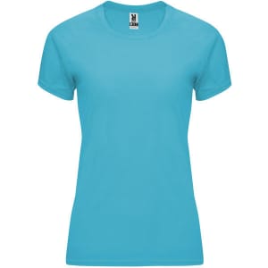 A turquoise women's t-shirt with short sleeves and a crew neck. It features a logo on the inside label.