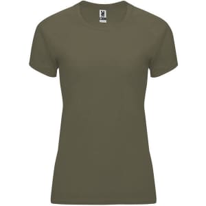 An olive green women's T-shirt with a fitted silhouette and short sleeves. The shirt features a logo.