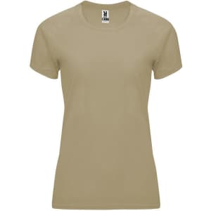 A beige women's T-shirt with a round neckline and short sleeves, featuring a logo on the label.
