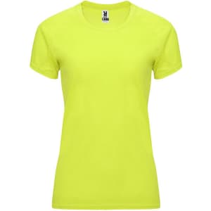 A women's t-shirt in bright yellow with a fitted design and a small logo on the collar.