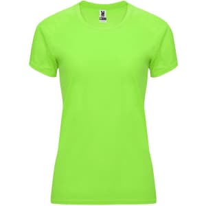 A bright green women's T-shirt with a fitted style and short sleeves, featuring a logo at the neckline.