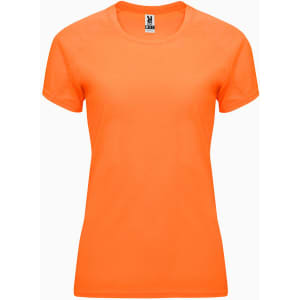 An orange women's t-shirt featuring a round neckline and short sleeves, with a logo on the label.