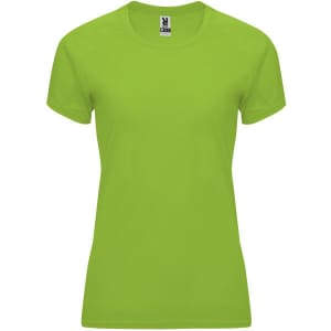 A bright green women's T-shirt with a classic crew neck and short sleeves. It features a logo at the neckline.