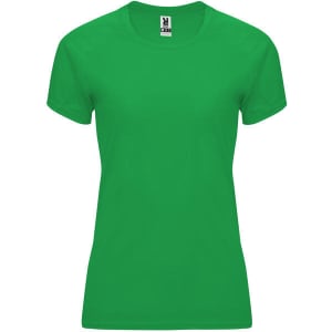 A green T-shirt for women featuring a fitted design and a logo on the label.