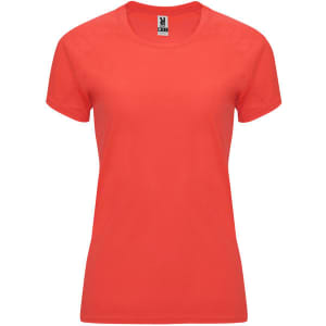 A red women's T-shirt with short sleeves, featuring a logo on the label.