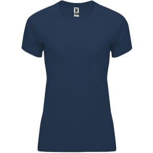 A navy blue women's t-shirt with short sleeves and a fitted design, featuring a logo at the collar.