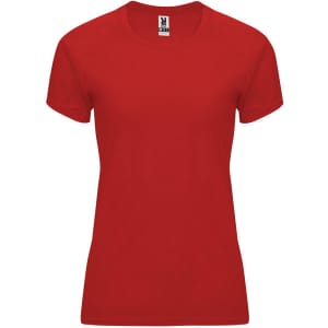 A red women's T-shirt with short sleeves and a fitted design. It features a logo on the label.