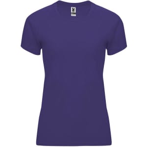 A purple women's T-shirt with short sleeves and a fitted design. Features a label and a simple style.