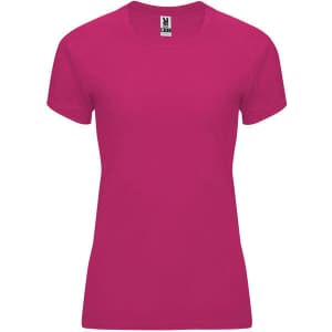 A vibrant pink women's T-shirt featuring a fitted design and short sleeves. It has a logo on the label.