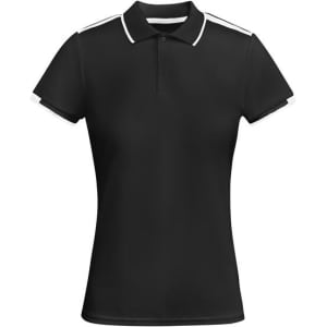 A black women's polo shirt featuring white accents on the collar and sleeves. It has a logo on the chest.