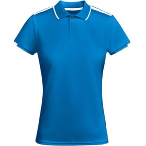 A blue women's polo shirt with a collar and white detailing. It features a logo on the front.