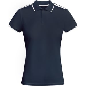 A navy blue women's polo shirt with white trim and a collar, featuring a logo on the front.