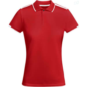 A red women's polo shirt with white accents and a collar, featuring short sleeves and a fitted design.