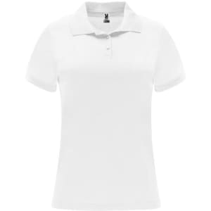 A white women's polo shirt featuring a collar and short sleeves, with a logo on the chest.