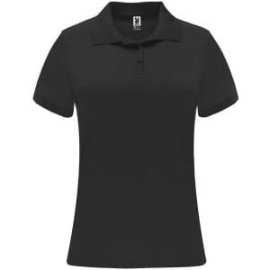 A black women's polo shirt with a collar and short sleeves, featuring a logo on the inside label.