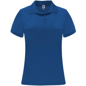 A blue women's polo shirt with a collared neck and short sleeves, featuring a logo on the label.