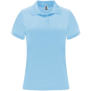 A light blue women's polo shirt with a classic collar and a logo on the label.