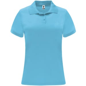 A women's polo shirt in bright turquoise, featuring short sleeves and a collar. The shirt has a logo on the label.