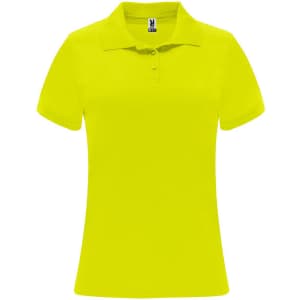 A women's polo shirt in bright yellow, featuring a collar and buttons, with a logo on the label.