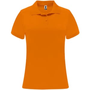 An orange women's polo shirt featuring a classic collar and a logo.