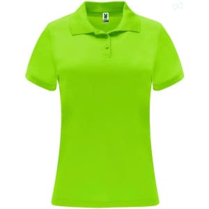 A bright green women's polo shirt featuring a collar and short sleeves. It has a logo on the label.