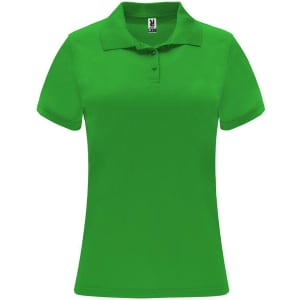 A green women's polo shirt featuring a classic collar and short sleeves. The shirt has a logo on the label.