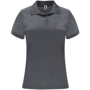 A women's polo shirt in a dark grey colour featuring a collar and buttons, with a logo on the label.