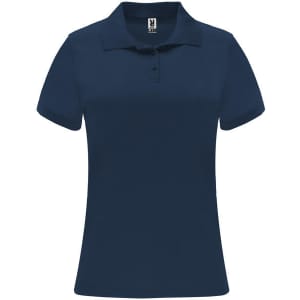 A women's polo shirt in navy blue with a classic collar and three-button placket. It features a logo on the label.
