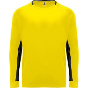 A yellow long-sleeved T-shirt with black accents and a logo on the design.