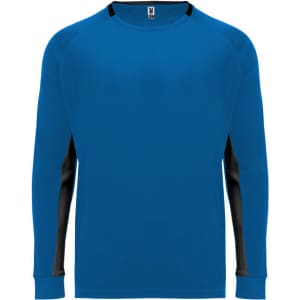 A blue long-sleeved t-shirt with black accents on the sides and a logo on the collar.
