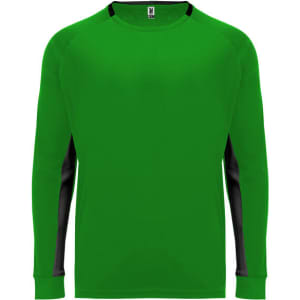 A long-sleeved t-shirt in bright green with black accents and a logo on the chest area.