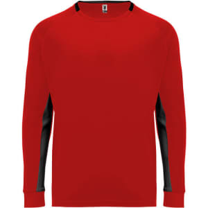 A red long-sleeved T-shirt with black accents and a logo. Suitable for casual or active wear.