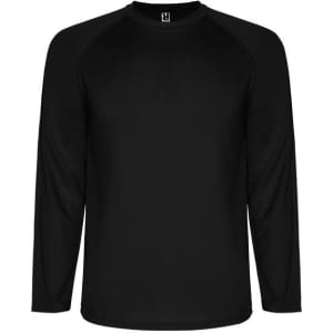 A black long-sleeved T-shirt with a round neckline and raglan sleeves. It features a logo on the upper front.