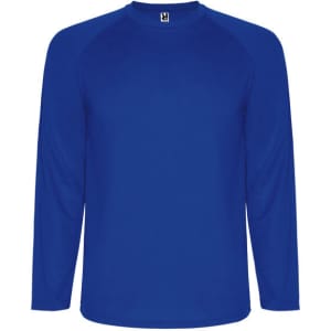 A long-sleeved T-shirt in a vibrant blue colour, featuring a raglan sleeve design and a small logo.