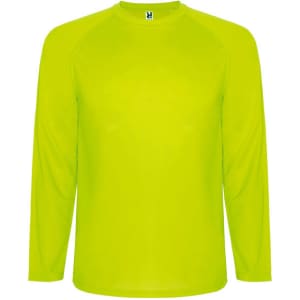 A long-sleeved t-shirt in bright lime green, featuring a round neck and raglan sleeves. It has a branding logo.