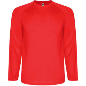 A red long-sleeved T-shirt with a crew neck and a logo on the neckline.