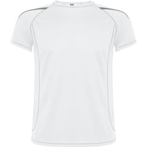 A white T-shirt featuring grey accents and a logo on the front, designed for a promotional product.