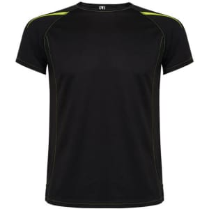 A black T-shirt with green accents and stitching, featuring a logo on the label.
