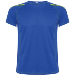 A blue T-shirt with green accents and a logo, designed with short sleeves and a crew neckline.