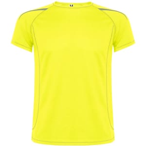 A bright yellow T-shirt with a crew neck and contrast stitching, featuring a logo on the upper front.