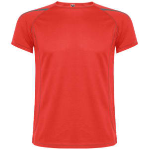 A bright red T-shirt with contrasting grey seams and a logo on the neckline.