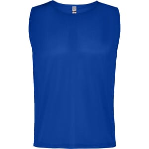 A blue sleeveless sports bib featuring a logo, made for sports uniforms.