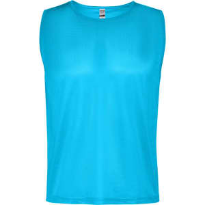 A turquoise sports bib with a sleeveless design and a label inside. It features a simple, solid colour.