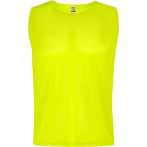 A sleeveless bib sports uniform in bright yellow, featuring a branding logo.
