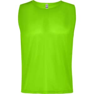 A bright green sleeveless bib with a smooth fabric texture and a label at the neck. It features a logo on the front.