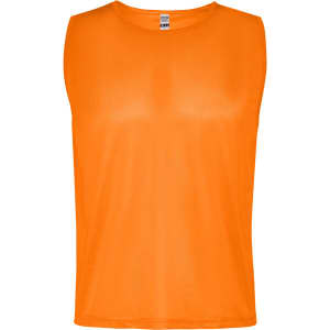 An orange sleeveless bib with a simple design and a logo on the front. Ideal for sports uniforms.